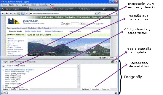 pantalla de control de Opera DragonFly con su debub javascript