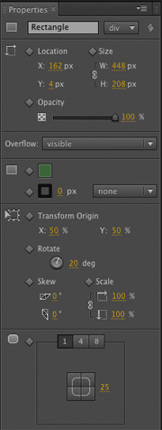 Panel de propiedades de los elementos en Adobe Edge