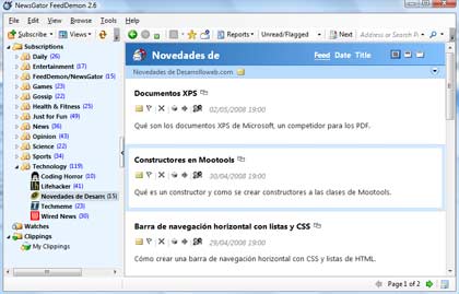 Pantalla de FeedDemon - Lector RSS