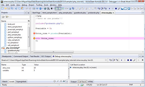 Pantalla de Komodo IDE en debug PHP en local