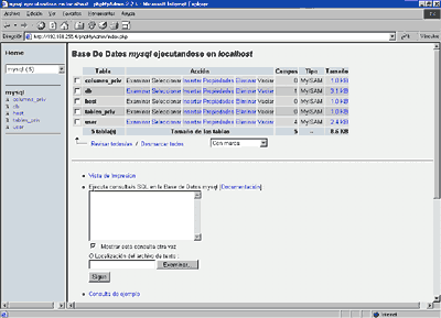 Pantallazo general de phpMyAdmin