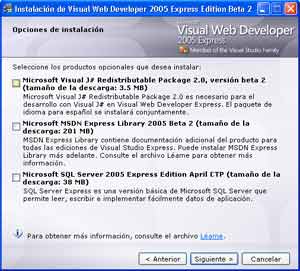 Opciones de Instalaci�n de Visual Web Developer Express