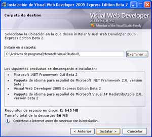Productos adicionales que se incluyen en la instalaci�n de Visual Web Developer Express 2005